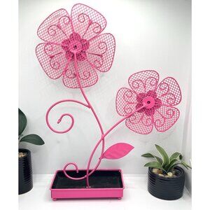 Pink Metal Double Flower Jewelry Organizer With Crystal Accents & Black Velvet B